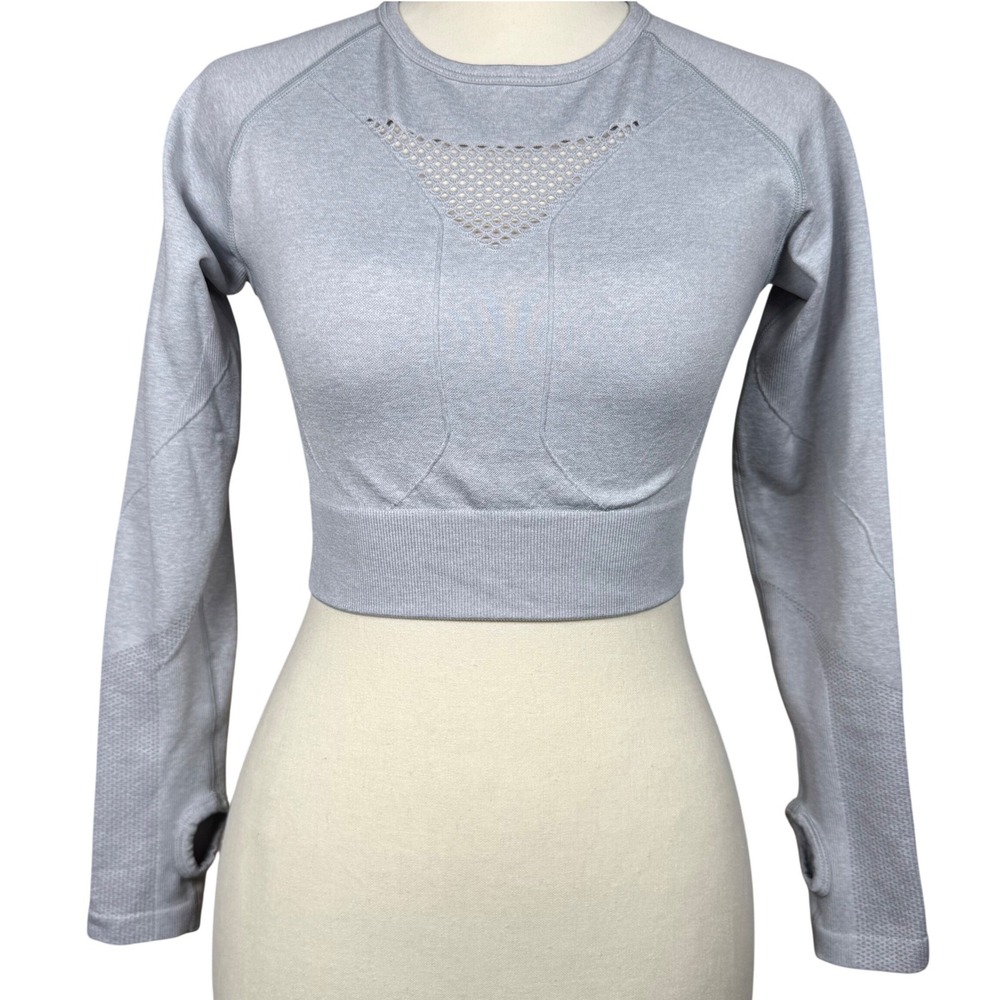AYBL Long Sleeve Crop Top Womens Medium Gray Excellent Seamless Open Back‎ Mesh